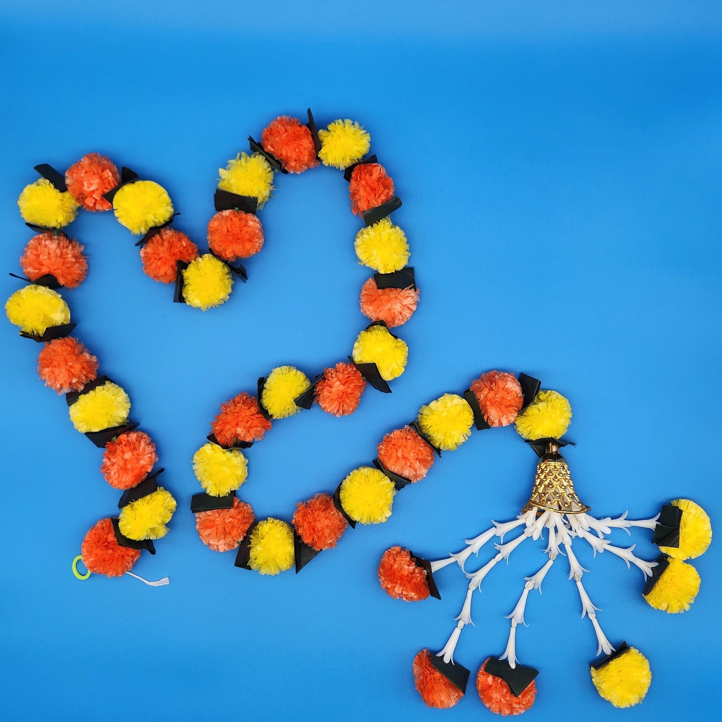 Set of 6 Artificial Yellow Orange Marigold Flowers Strand with Bell Latkans